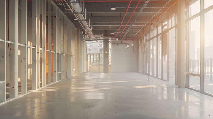 Brandwerende scheidingswand in een nieuwbouwpand met zichtbare installaties en doorvoeringen.