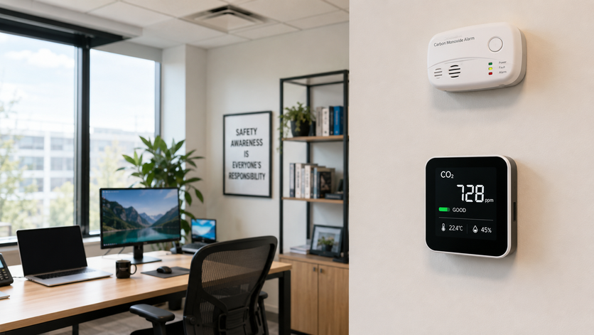 CO-melder en CO2-meter aan de muur in een kantoor voor monitoring van luchtkwaliteit en veiligheid.