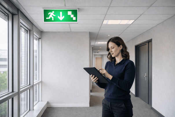 vrouw die noodverlichting keurt